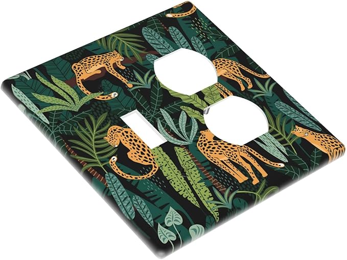 Jungle Cheetah Tropical Wildlife Leopard Green Palm Leaf Wallplates 1 Toggle 1 Duplex Switch Plate Electrical GFCI Faceplate Decorative Light Switch Covers for Farmhouse Home Decor