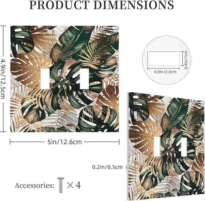 Green Tropical Leaves Gold Palm Leaf Botanical Double Toggle Light Switch Covers Decorative Unique 2 Gang Wall Plate Dual Electrical Faceplate Switchplate for Bedroom Living Room Decor