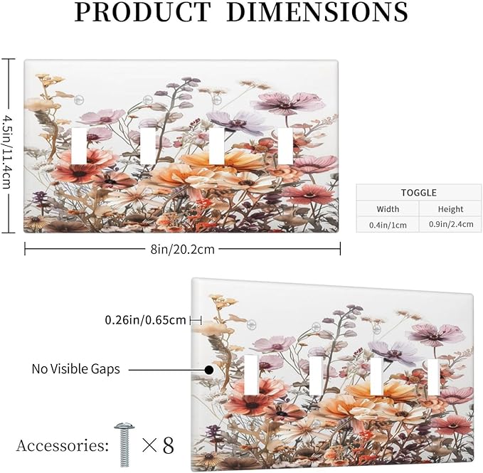 Boho Nursery Wildflower Flora Vintage Flower Light Switch Covers Quad Toggle Electrical Faceplate 4 Gang Wall Plate Decorative Switch Plates Cover for Bedroom Living Room Decor