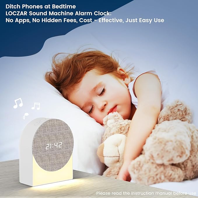White Noise Sound Machine Alarm Clock with Night Lights, Bluethooth Speaker 4in1 Natural Portable Brown Noise Sounds Machines Timer Ocean Rain Pink Music for Sleep Bedroom Adults Kids Travel