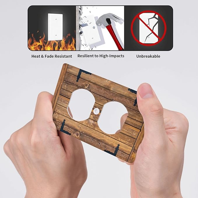Printed Faux Wood Design Duplex Outlet Cover, 1-Gang Standard Wall Plate, Flat Surface Printing, Polycarbonate Decorative Receptacle Cover