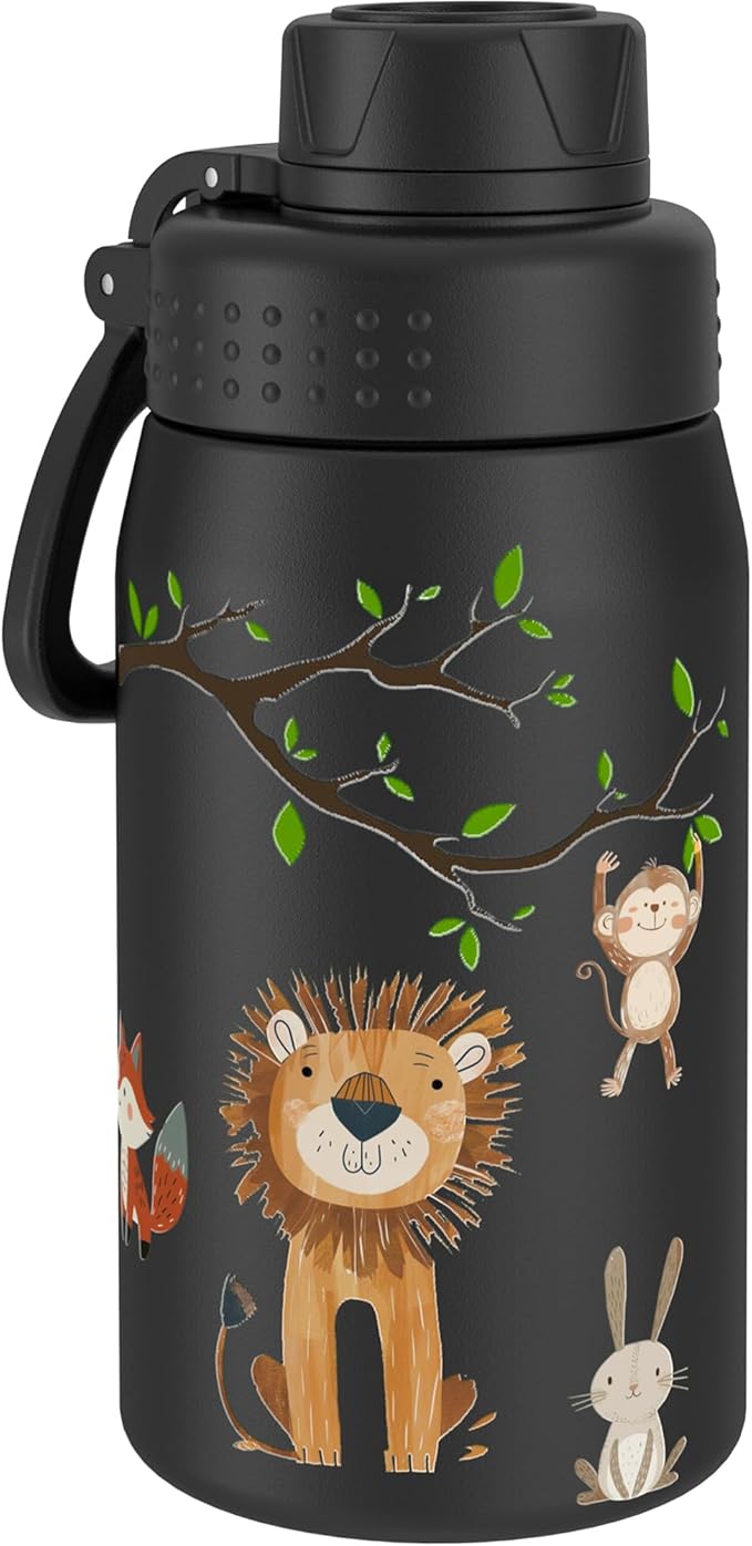 GOPPUS 15oz Kids Water Bottle with Spout Lid, Toddler Water Bottle, Stainless Steel Insulated Water Bottle, Leakproof, BPA Free, Suitable for Boys and Girls for School（Forest Animals）