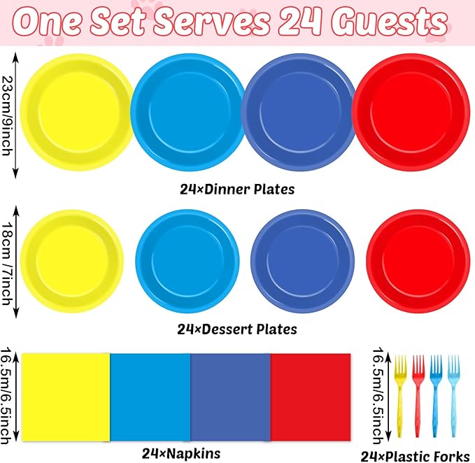 96Pcs Dog Birthday Party Supplies Red Yellow Blue Paper Plates and Napkins Birthday Decorations Puppy Paw Disposable Tableware Set for Kids Colorful Puppy Dog Baby Shower Party Decorations Serves 24