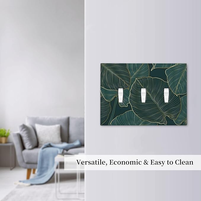 Gold Tropical Green Botanical Palm Leaves Decorative Switch Plates 3 Gang Wall Plate Triple Toggle Light Switch Cover Faceplate Electrical Wall Panels for Bedroom Living Room Decor