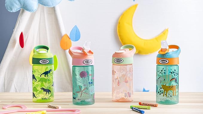 Zak Designs 16oz Riverside Kids Water Bottle with Spout Cover and Built-in Carrying Loop, Made of Durable Plastic, Leak-Proof Water Bottle Design for Travel (Unicorn & Dino Camo, Pack of 2)