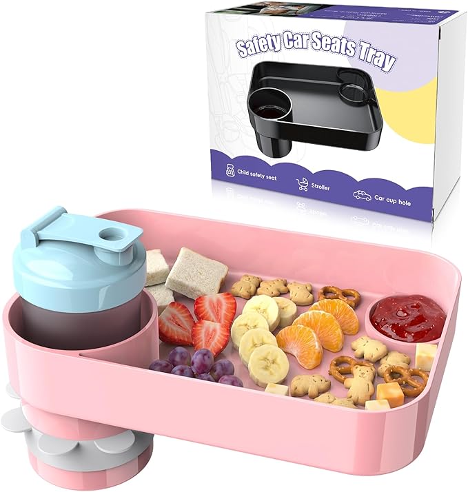 Car Seat Snack Tray for Kids, Mess-Free Square Travel Tray Cup Holder Snack Tray, Durable Car Food Tray for Toddlers, Universal Fit Kids Travel Road Trip Essentials (Pink)