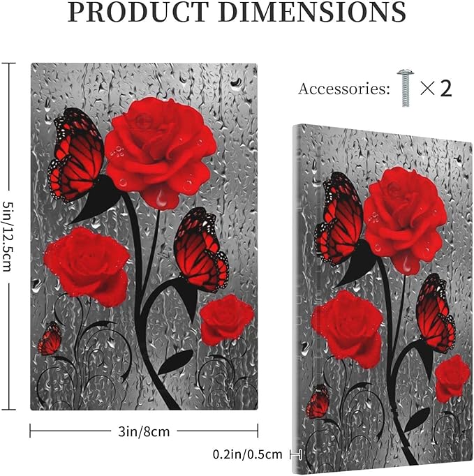 Butterfly Red Rose Flower 1 Gang Light Switch Cover No Decive Blank Wall Plate Decorative For Girls Bathroom Home Bedroom Art Panel Decorate 5" x 3
