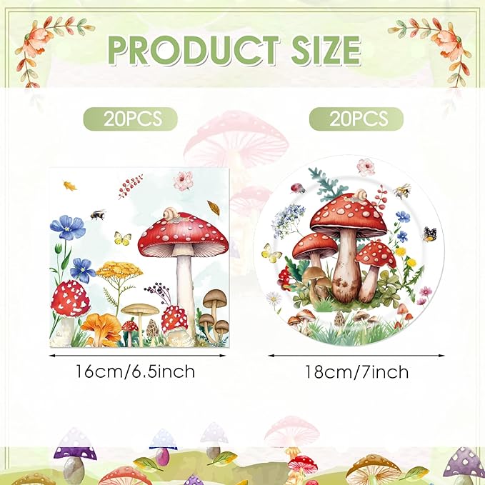 40PCS Mushroom Birthday Decorations Forest Theme Fairy Birthday Party Decorations Mushroom Decorations for Party Mushroom Plates and Napkins for Kids Boys Girls Baby Shower