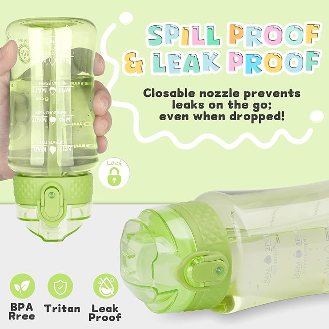 OLDLEY 12oz Kids Water Bottle for school Girls Boys, Motivational Water Bottles With Silicone Straw, Leak-Proof Tritan BPA-Free, Reusable water bottles for kids, Parrott Green