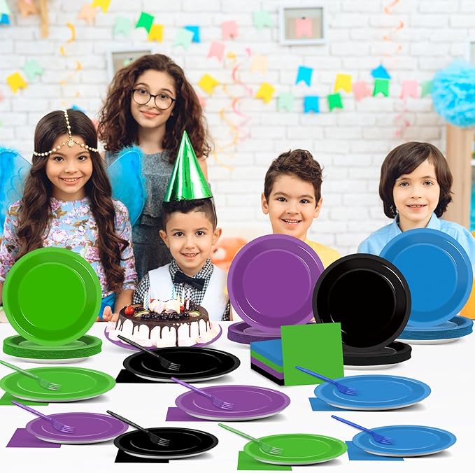 96Pcs Night Video Game Party Supplies Nite Gamer Paper Plates and Napkins Birthday Decorations Level Up Disposable Tableware Set for Kids Video Game Birthday Baby Shower Party Decorations Serves 24