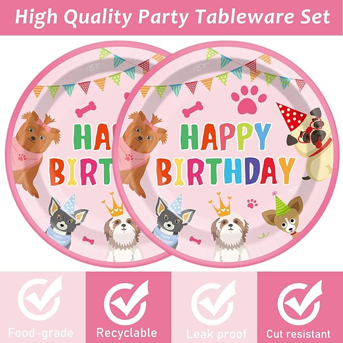 41PCS Pink Dog Birthday Party Decorations Set Puppy Party Supplies Including Dog Girl Party Plates Napkins Tablecloth Serves 20 Guests for Dog Birthday Parties Decorations