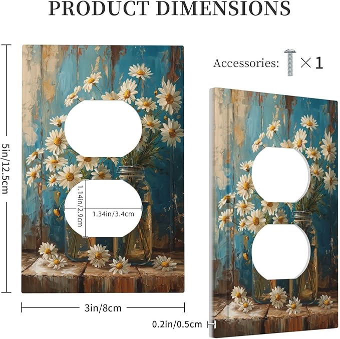 Delicate White Daisy Jars Retro Wood Background Outlet Covers 1 Gang Duplex Light Switch Cover Decorative Switch Plates Electrical Receptacle Faceplate Wall Plate for Farmhouse Home Decor