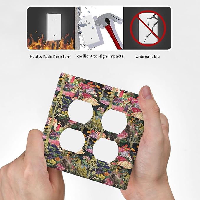 Dreamy Tropical Rainforest Colorful Mushroom Wildflower Outlet Covers 2 Gang Double Duplex Decorative Light Switch Covers Electrical Wallplates Socket Faceplate for Farmhouse Kids Room Decor