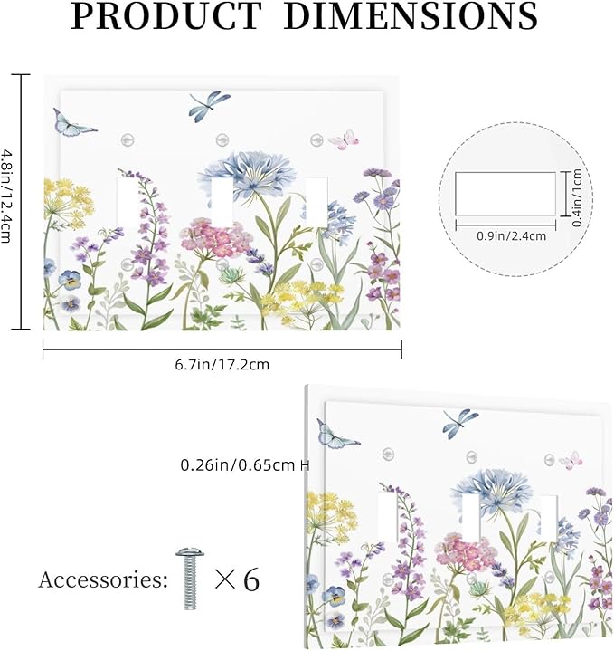 Colorful Wildflowers Dragonfly Lavender Butterfly Insect Decorative Switch Plates 3 Gang Wall Plate Triple Toggle Light Switch Cover Faceplate Electrical Wall Panels for Bedroom Living Room Decor