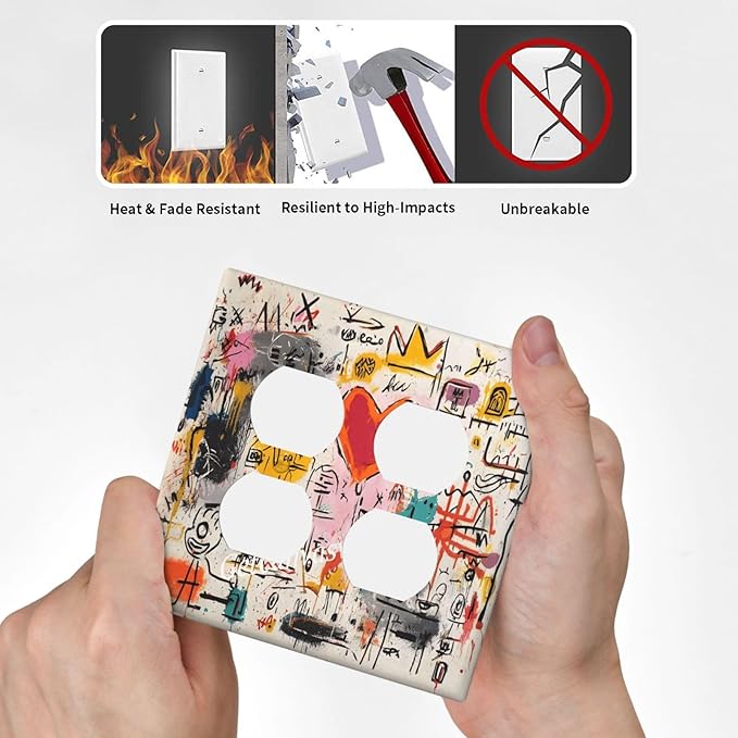 Colorful Graffiti Street Art Banksy Prints Outlet Covers 2 Gang Double Duplex Decorative Light Switch Covers Electrical Wallplates Socket Faceplate for Kids Room Office Decor