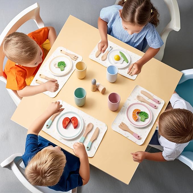 Lonico Wooden Play Kitchen Accessories Toys for Toddlers 3-5, Kids Play Kitchen with Realistic Plates & Dishes & Tableware, Montessori Pretend Christmas Birthday Gifts for 3 4 5 6 Years Girls Boys