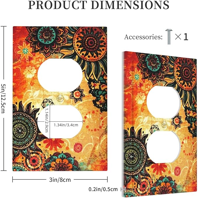 Red Orange Boho Bohemian Flower Floral 1 Gang Receptacle Wall Plate Duplex Outlet Covers Decorative Single Device Switchplate Face Wallplate Bedroom Decorate