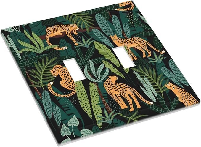 Jungle Cheetah Tropical Wildlife Leopard Green Palm Leaf Decorative Switch Plates 2 Gang Double Toggle Outlet Light Switch Cover Wall Plate Electrical Faceplate for Farmhouse Home Decor