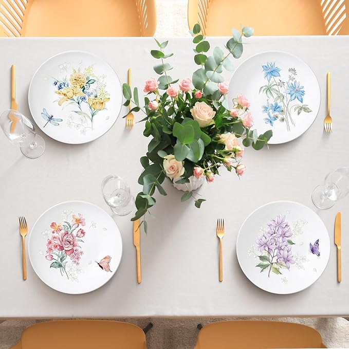 Naozinebi 4 Pcs 10 Inch Spring Theme Flower Plates Melamine Floral Dinnerware Set Reusable Melamine Spring Floral Baby Shower Plate Dishwasher Creatively Drop Resistant Cute Plastic Dish