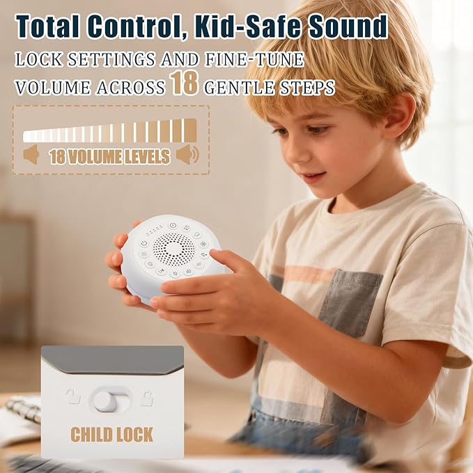 Syaws Portable Sound Machine,White Noise Machine with 27 Soothing Sounds,7 Color Night Light with Nursery Lamp,Child Lock Design,5 Sleep Timer with 18 Levels of Volume,USB C Rechargeable