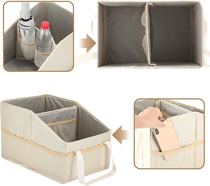 Honeydak Passenger Seat Organizer, Collapsible Car Storage for Console Front/back Seat with Multi-pockets Car Caddy Organizer Suv Truck for Kids Adults Accessories(Beige,2 Compartments)