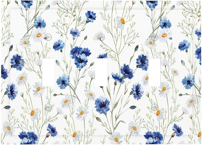 Light Switch Cover Plate Watercolor Daisy Blue Floral Vintage Plant 3 Gang Triple Toggle Decorative Switch Plates Wall Plates Electrical Switchplate Faceplate for Bedroom Home Decor