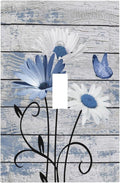 Blue White Daisy Flower Butterfly Rustic Wood Board Decorative Light Switch Cover 1 Gang Single Toggle Device Electrical Faceplate Switchplates Decorator Outlet Wall Plate for Farmhouse Bedroom Decor