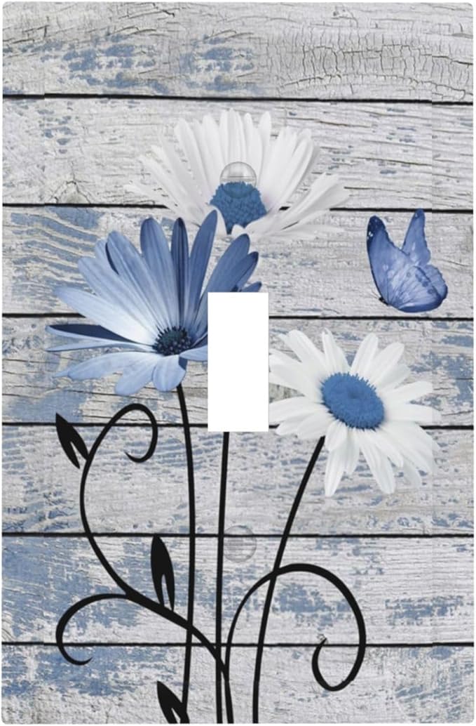 Blue White Daisy Flower Butterfly Rustic Wood Board Decorative Light Switch Cover 1 Gang Single Toggle Device Electrical Faceplate Switchplates Decorator Outlet Wall Plate for Farmhouse Bedroom Decor