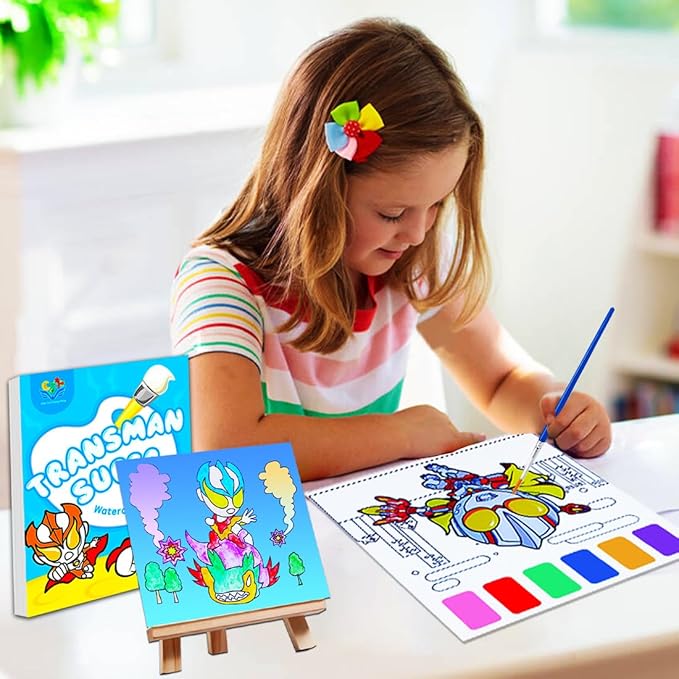 JUNQIU Water Color Paint Sets for Kids, Paint With Water Books for Kids Ages 4-8, Pocket Watercolor Painting Book, Arts and Crafts Kit for Girls Boys Coloring with Brush