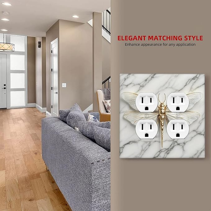 White Gold Marble Dragonfly Abstract Modern Outlet Covers 2 Gang Double Duplex Decorative Light Switch Covers Electrical Wallplates Socket Faceplate for Bathroom Home Decor