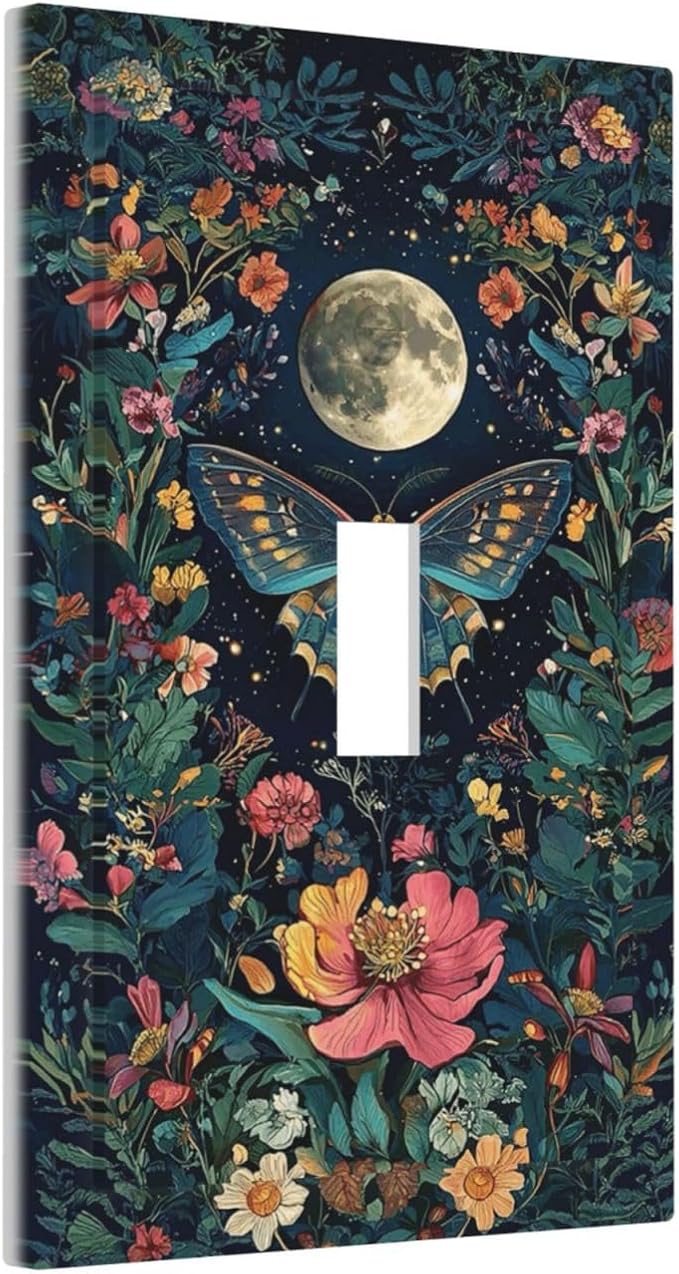 Decorative Light Switch Cover Plate Bohemian Moon Butterfly Floral 1 Gang Single Toggle Wall Plate Electrical Outlet Covers Decorate Switch Plate Cover for Bedroom Cabin Decor