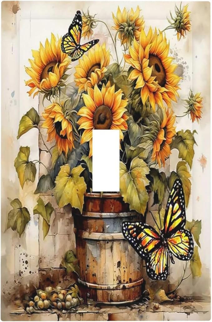 Decorative Light Switch Cover Rustic Vintage Sunflower Bouquet Butterfly 1 Gang Single Toggle Decorator Outlet Wall Plate Device Electrical Faceplate Switchplates for Farmhouse Cabin Decor