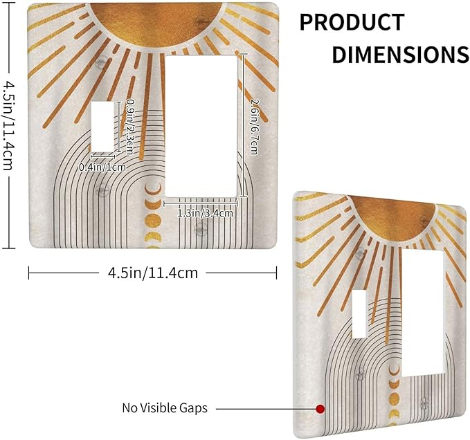 Mid Century Gold Sun Abstract Arch Boho Moon 2 Gang Single Toggle Rocker Combination Light Switch Cover Unique Decorative Wall Plate Cover Electrical Faceplate Switchplate for Bedroom Decor