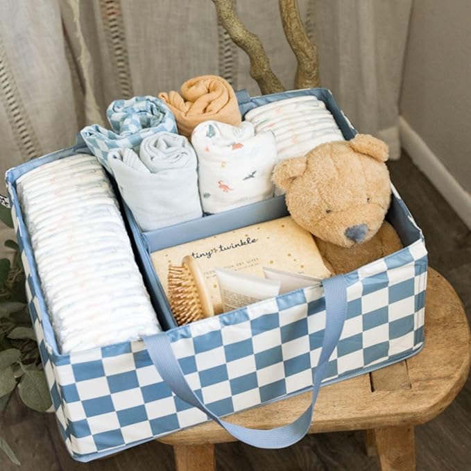 Tiny Twinkle Diaper Caddy Organizer | Foldable Baby Storage Basket with Removable Divider | Waterproof & Mess-Proof Fabric, Portable Nursery Organizer for Newborn Essentials (Blue Checkers)