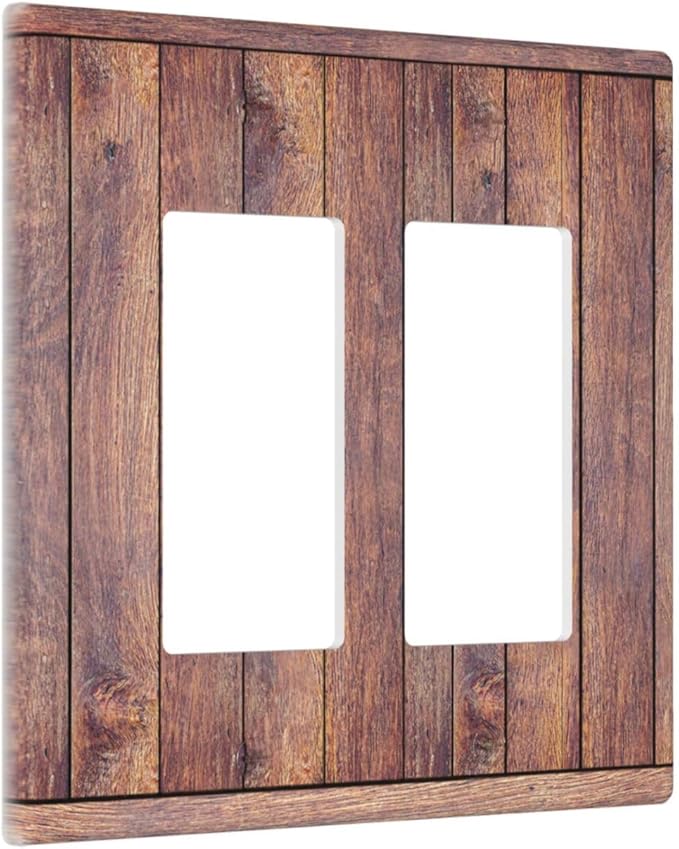 Decorative Outlet Covers with Wood Texture Rustic Vertical Planks Brown Design 2 Gang Wall Plate Double Rocker Light Switch Cover Switch Plate Cover Vintage Aesthetic Kitchen/Bedroom Decor