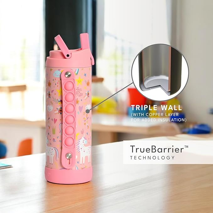 Elemental Iconic Kids Water Bottle for School - 100% Leak-Proof Insulated Water Bottles with Straw Lid & Pop-It Handle for Boys & Girls - Triple-Wall Insulated & BPA-Free, 14oz – Pink Unicorn