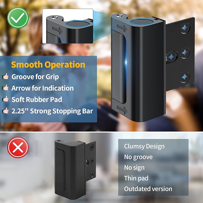 Home Security Door Reinforcement Lock Safety Latch Extra Front Doors Security Devices, Anti Door Kick in Safety Protector for Door Inside, Child Proof Aluminum Locks Black 1Pack