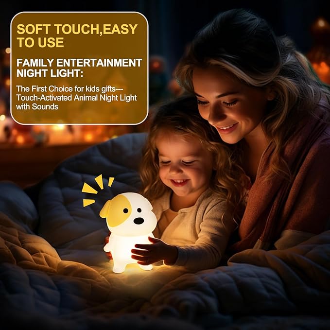 Puppy Night Light for Kids - Squishy Silicone Dog Lamp with Dimmable & 7 RGB Color Changing, Animal Sound, Rechargeable BPA-Free, Dog Nightlight Gift for Children/Teens/College Students