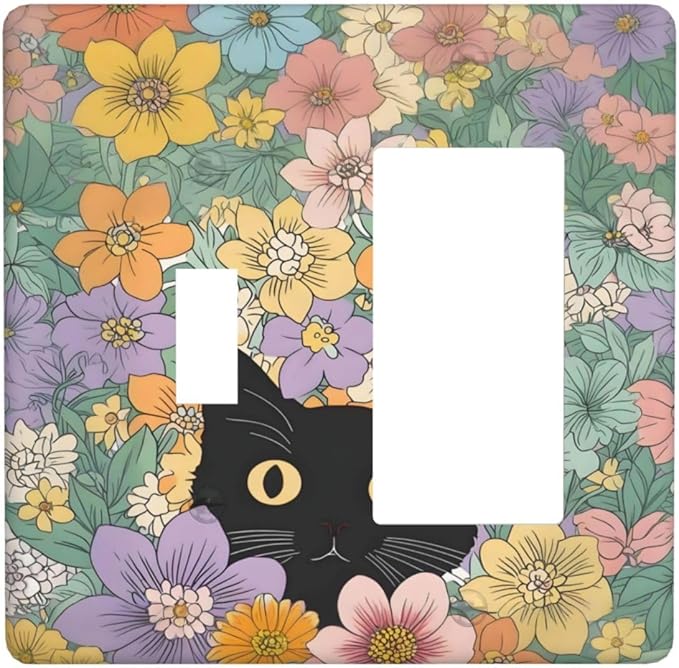 Outlet Covers Funny Cute Cartoon Cat Floral Colorful Flower 1 Toggle 1 Rocker Combination Decorative Wall Plate Electrical Switch Plates Light Switch Cover Plate For Kids Room Nursery