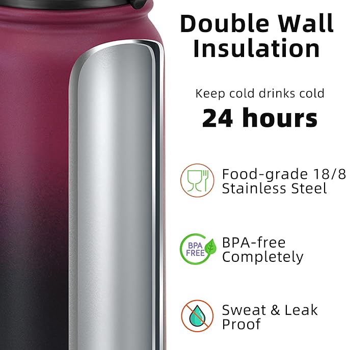 Fanhaw 40 oz Insulated Stainless Steel Water Bottle with Chug Lid, Leakproof & Sweat-Free Extra-Large Metal Bottle for Outdoor, Hiking & Gym (Red Black)
