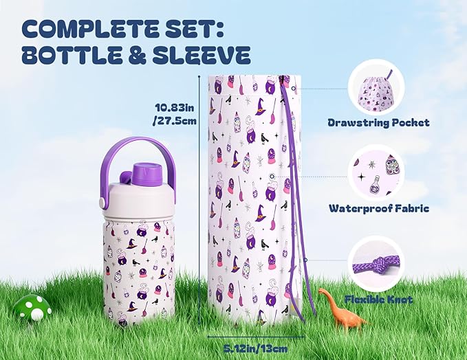 12 oz Kids Insulated Water Bottle: 2-in-1 Straw Spout Lid, Leakproof, BPA-Free, Keep Cold 24H, Fits Car Cupholder, Stainless Steel Cup for School, Holiday, Gift for Girls Daughters (Witching Hour)