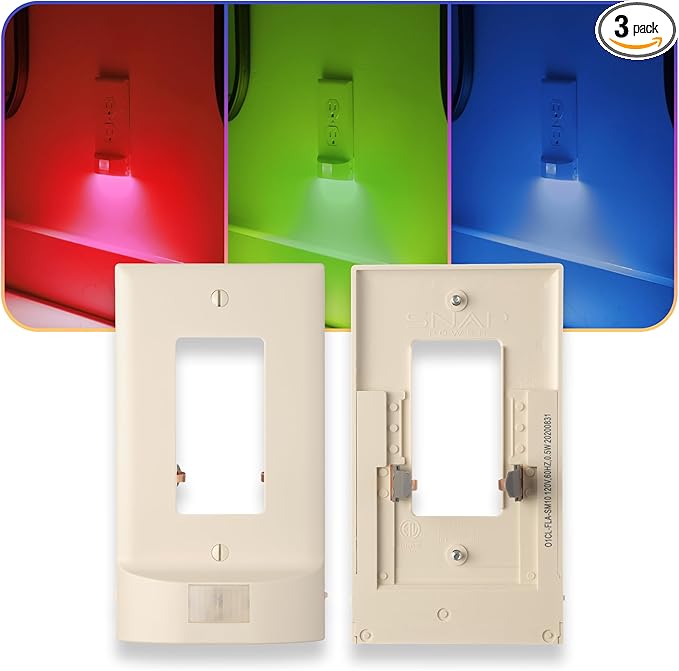 3 Pack - SnapPower Multi-Color GuideLight – Outlet Cover RGB Lights, Customizable Ambient Lighting/Mood Lighting for Home, Kitchen, Gaming Room, Kids Bedroom, Holiday Decor (Light Almond, GFCI)