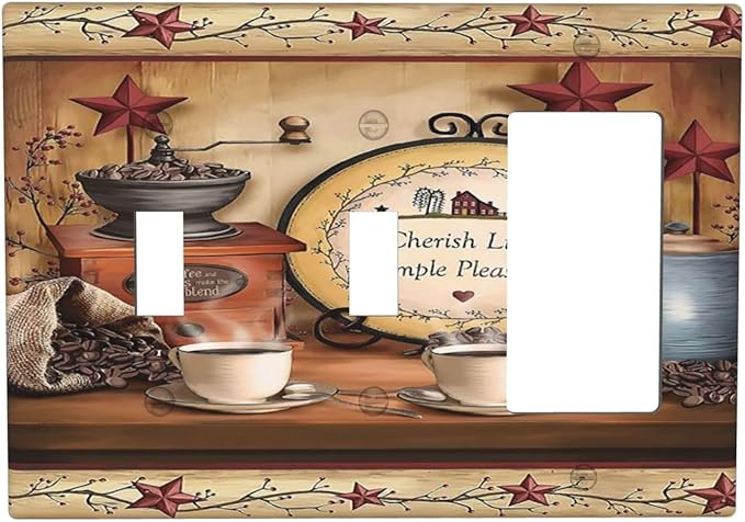 Barn Kitchen Cafe Coffee Texas Star 3-Gang 2-Toggle 1-GFCI/Decorator Combination Light Switch Decorative Triple Combo Device Switches/Rocker Outlet Covers and Wall Plate