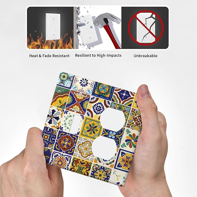 Talavera Kitchen Mexican Tile Combination 1-Toggle 1-Duplex Receptacle 2 Gang Wall Plate, Yellow/Blue Moroccan Mexico Mosaic 2 Gang Combo Single Toggle/Light Switch One Duplex Outlet Faceplate Cover