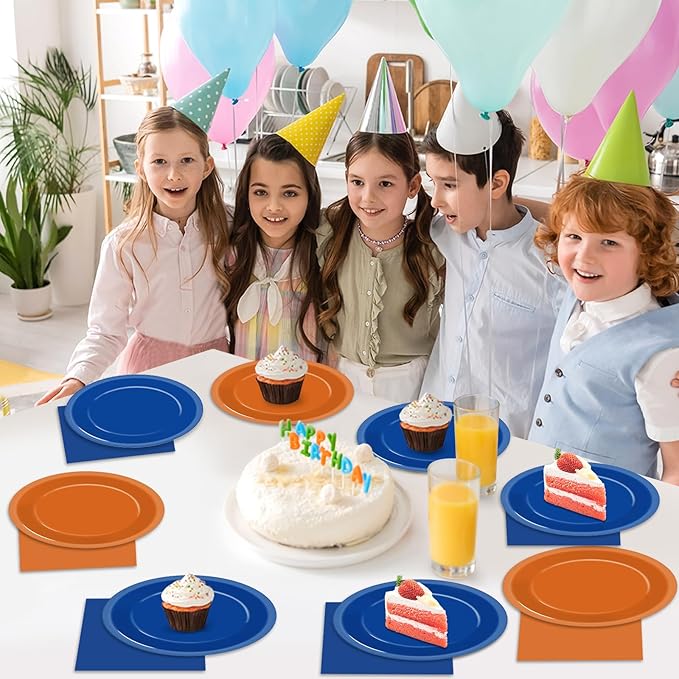 48Pcs Orange and Blue Paper Plates and Napkins Blue and Orange Party Decorations Dart War Birthday Party Supplies Colorful Disposable Tableware for Baby Shower Birthday Boys Girls Graduation Serves 24