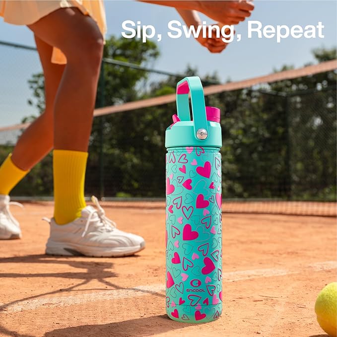 ENCOOL Valentine's Day Insulated Water Bottle with Straw Stainless Steel Water Bottle, Leak-Proof, BPA-Free, Keeps Cold for 24 Hours for Sports, Travel, School (26 oz, Sweet Hearts Pink x Mint)