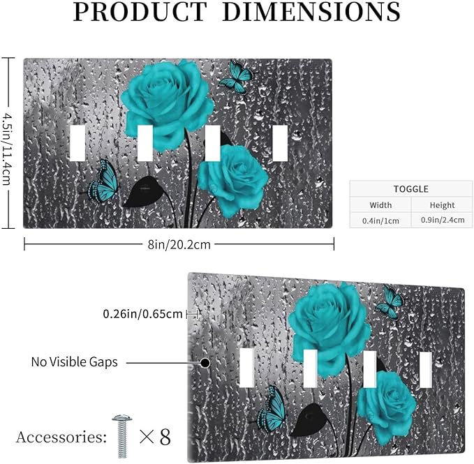 Elegant Teal Blue Gray Roses Flower Floral 4 Gang Quad Decorator Light Switch Cover, Romantic Raindrop Rose Butterfly Four Gang Toggle Wall Plate Outlet Cover Standard Size Girl Women Bathroom Decor