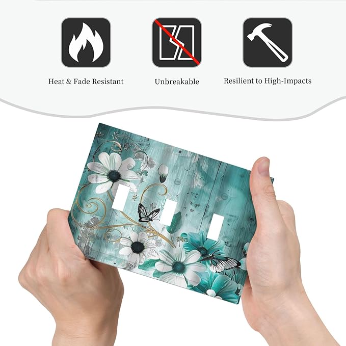 Decorative Switch Plate Covers Turquoise Flowers and Butterflies Rustic Teal White Floral 3 Gang Wall Plate Light Switch Cover Plate Triple Toggle Jumbo Electrical Faceplate for Bedroom Decor