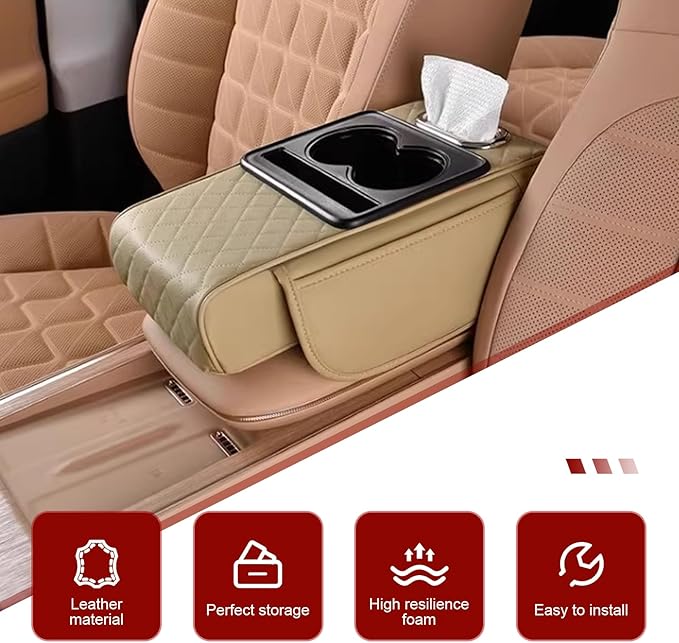 Car Center Console Cover, Upgrade 5-in-1 Genuine Leather Thickened Armrest Box, Armrest Storage Box with Cup, Universal Car Accessories Interior Organizers, for Most Cars (Beige)