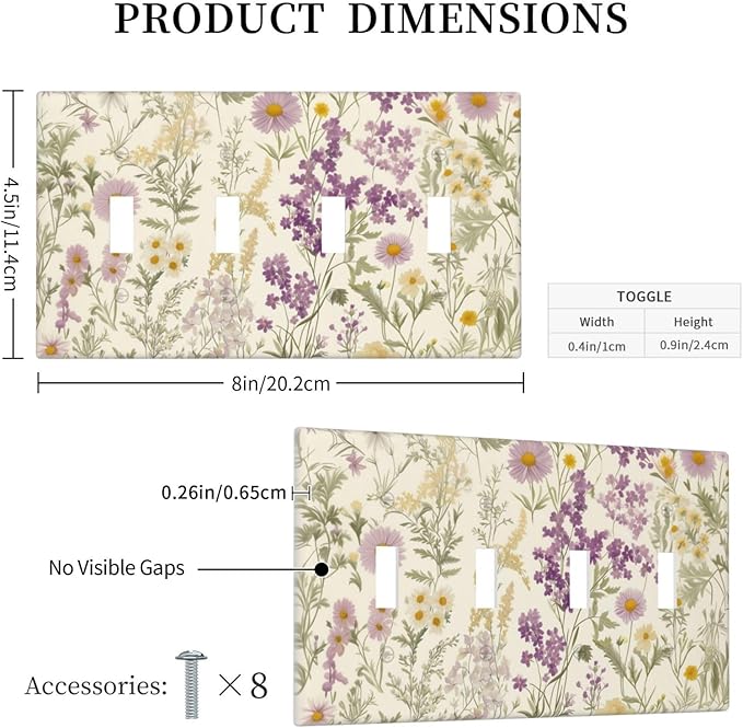 Watercolor Floral Leaves Quad Toggle Light Switch Cover Small Purple Flowers Daisies 4 Gang Wall Plate Decorative Electrical Switchplates Covers for Country Bathroom Bedroom Home Decor